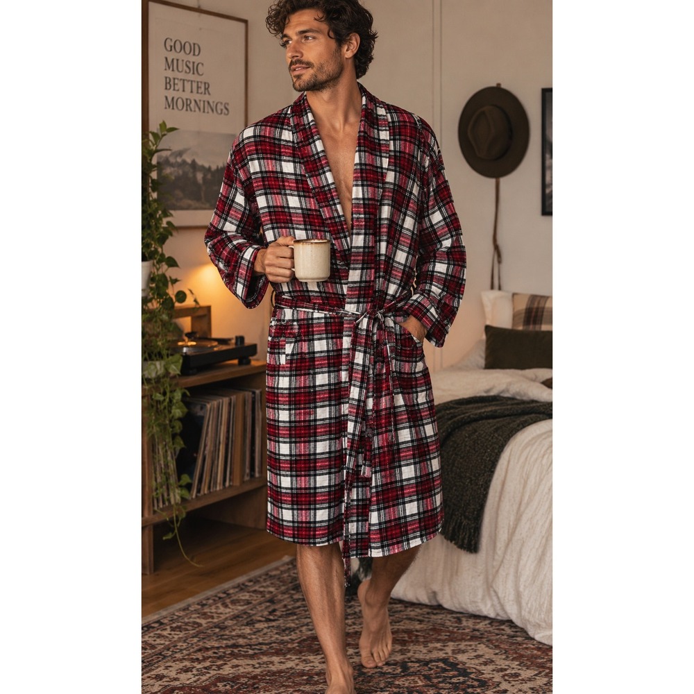 Van Heusen Mens XL Red Plaid Cotton Flannel Wrap Robe with Belt Pockets